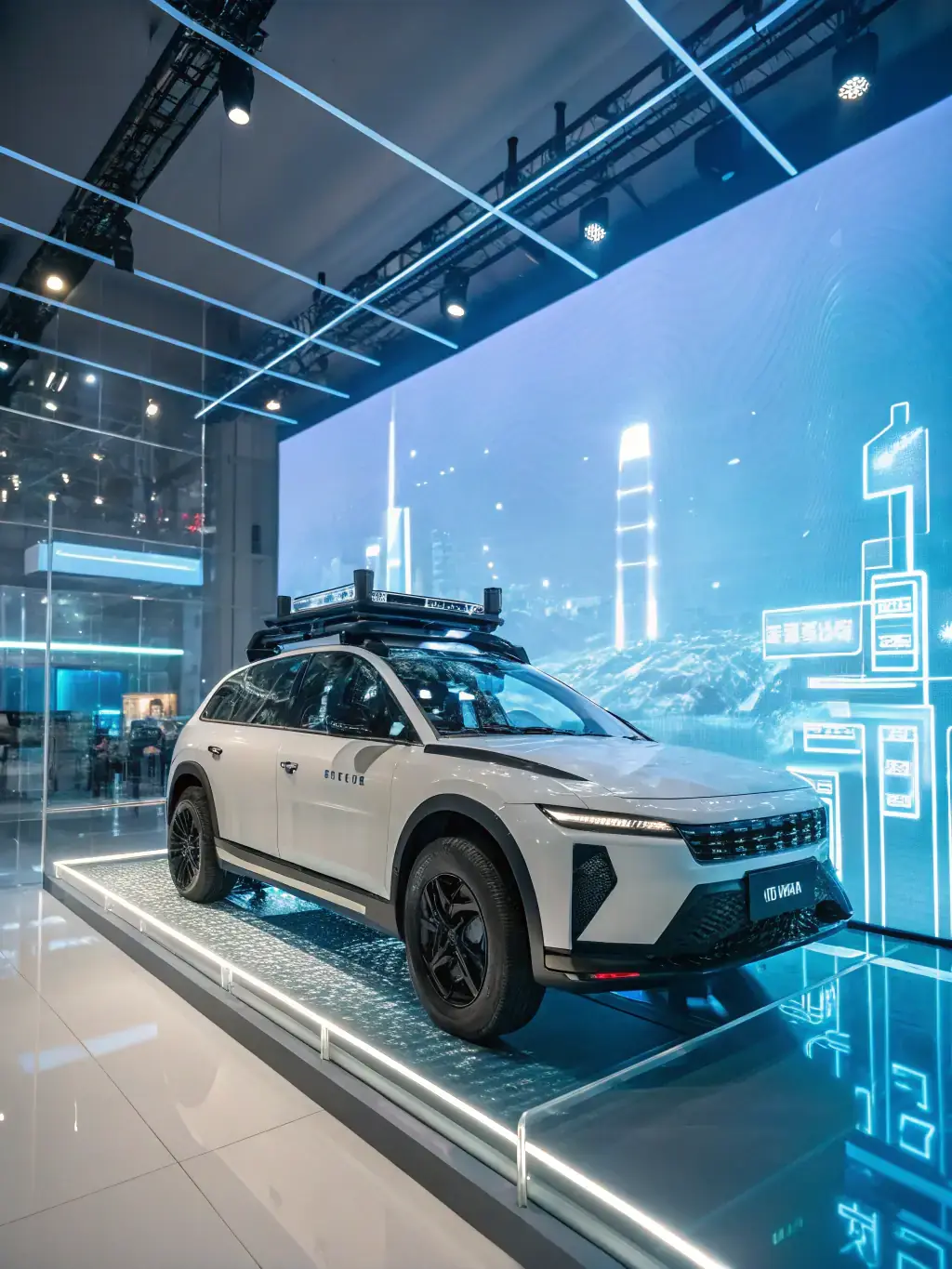 An engaging photo from the Tokyo Motor Show, highlighting a futuristic electric vehicle with sleek design elements and a backdrop of advanced technology displays.